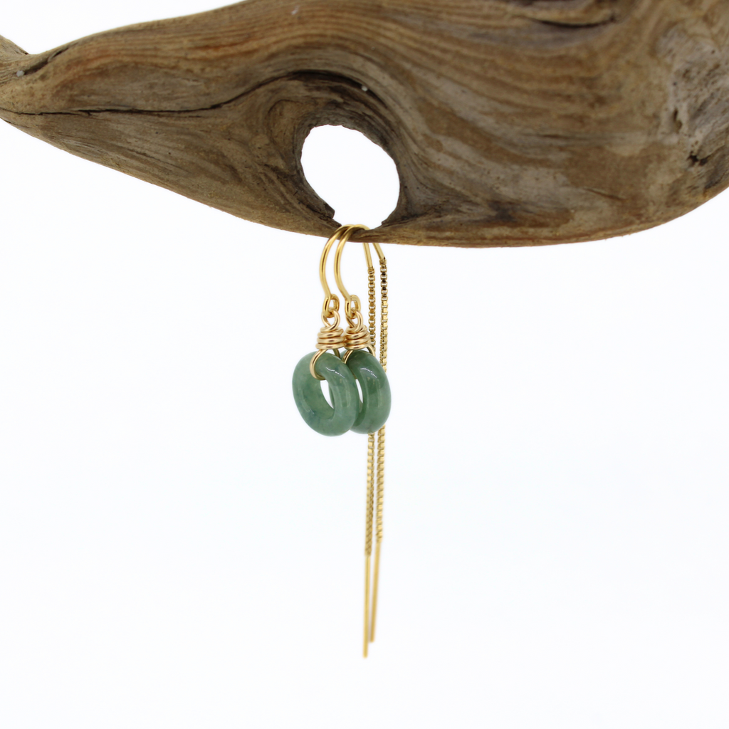 Brianne and company olive green jade threader gold fill earrings