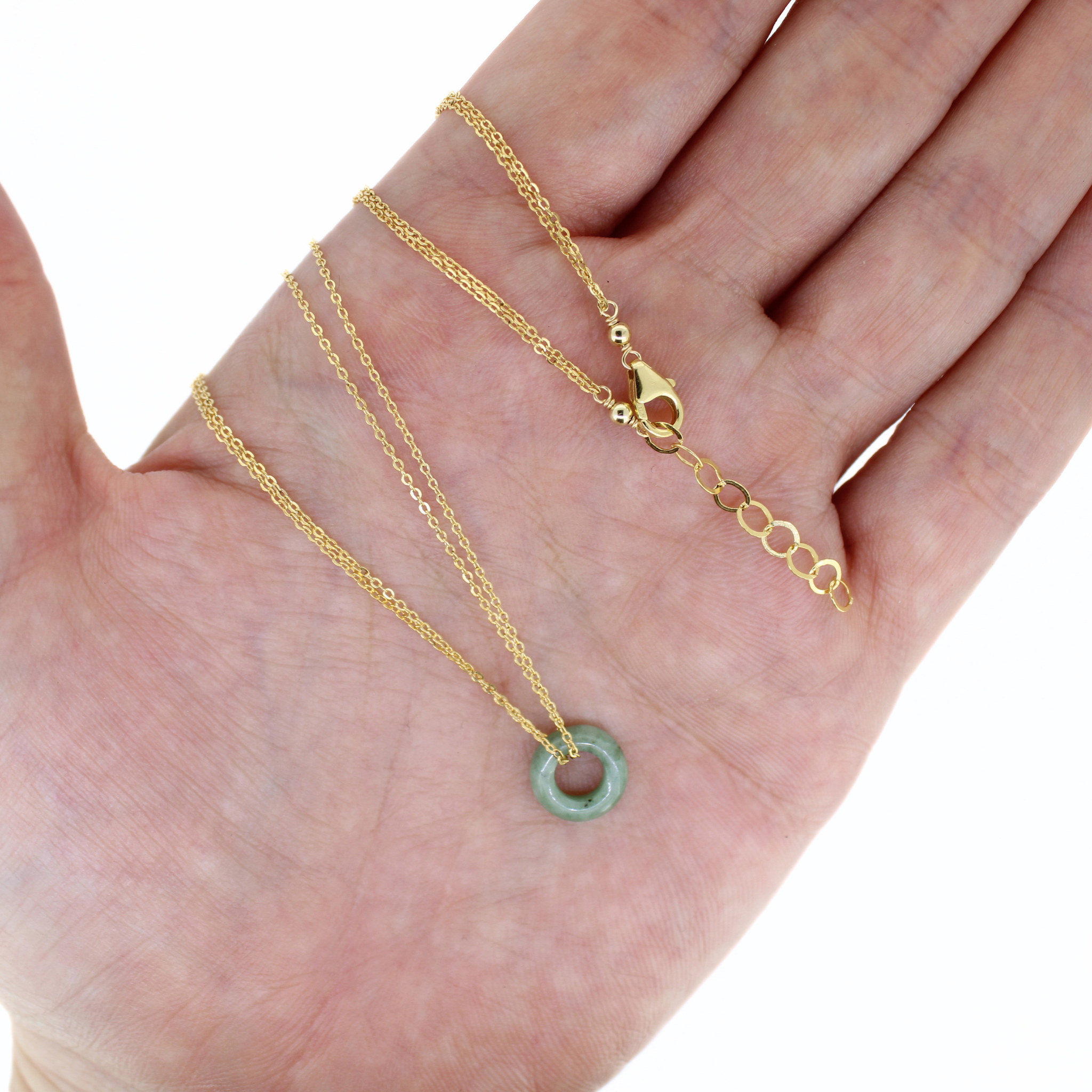 Brianne & Co mini olive green jade donut on gold fill chain necklace