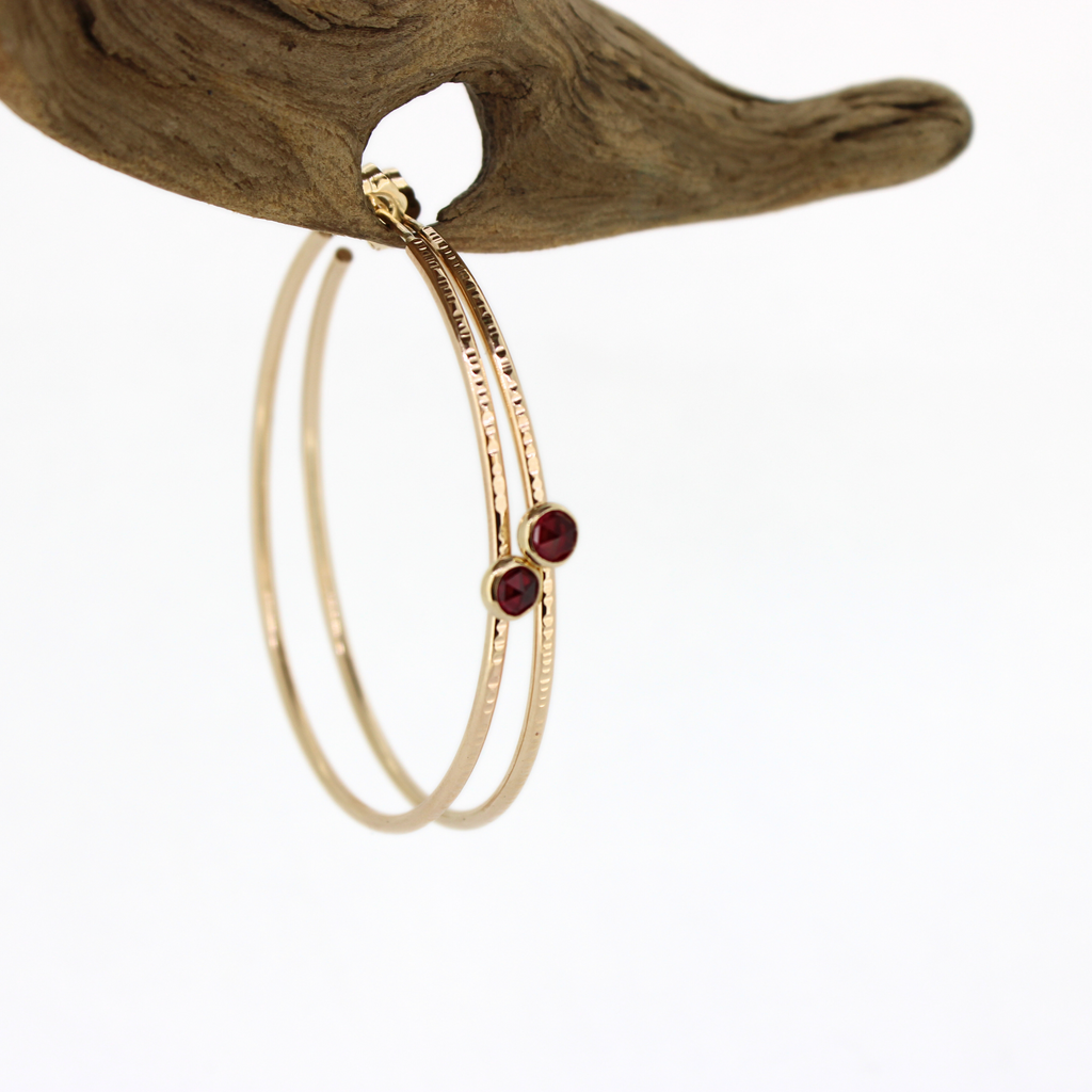 Brianne & Co July birthstone ruby gold hoop earrings