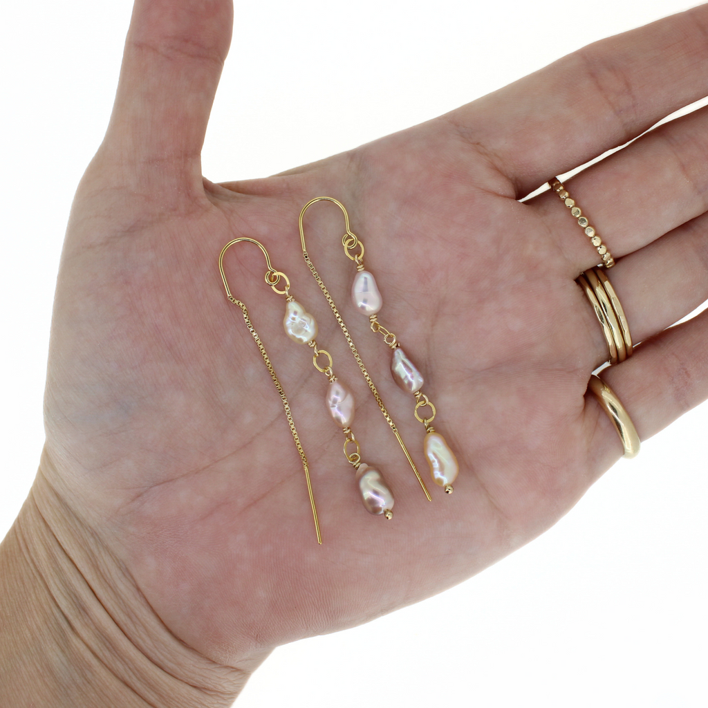 Brianne & Co. gold fill Edison keshi pearl threader earrings on hand for size reference