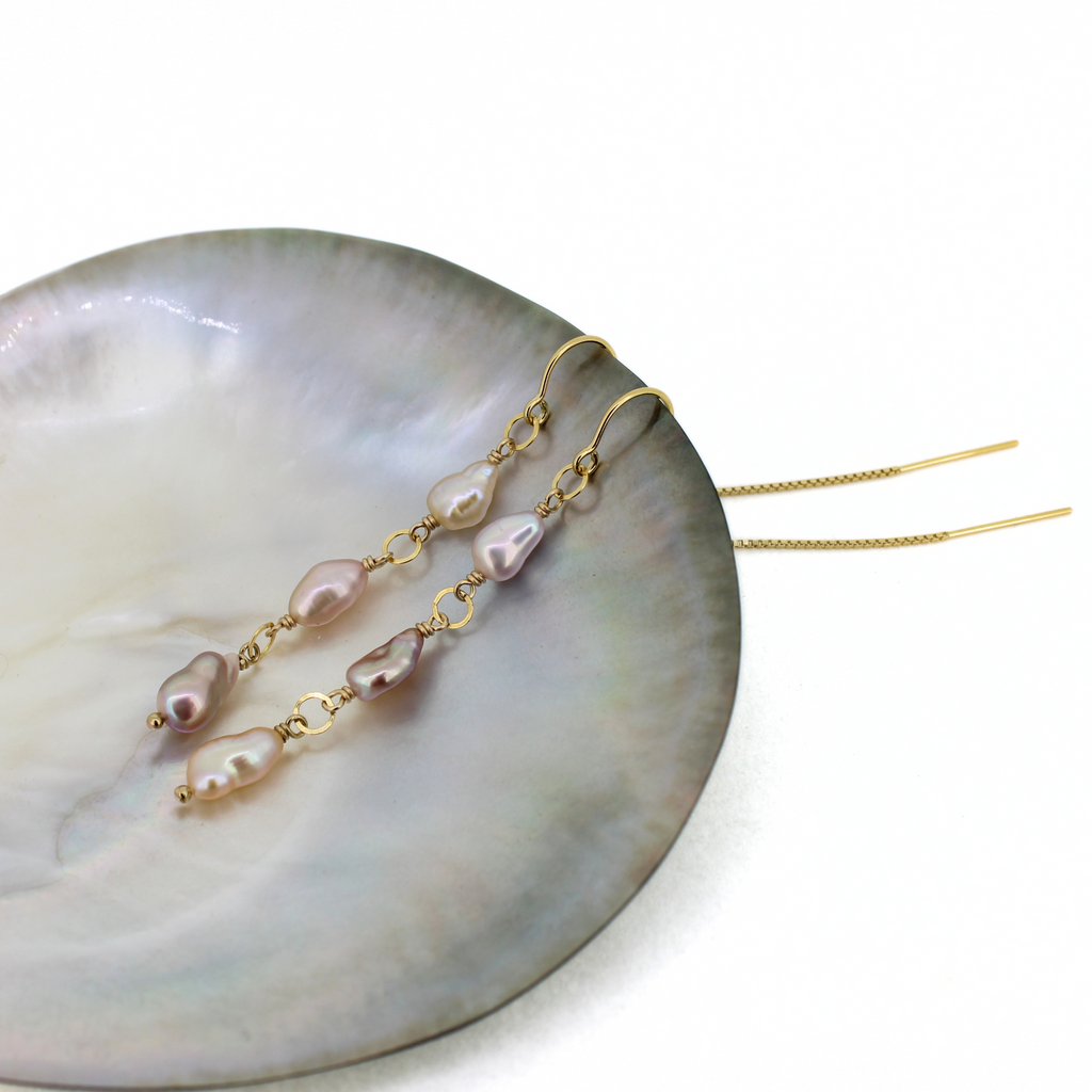 Gold fill pink Edison keshi pearl threader earrings handmade by Brianne & Co.