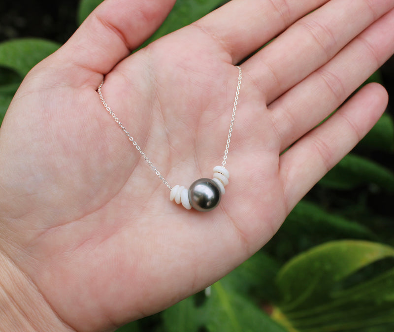 Sterling Silver Tahitian Pearl & Puka Shell Necklace