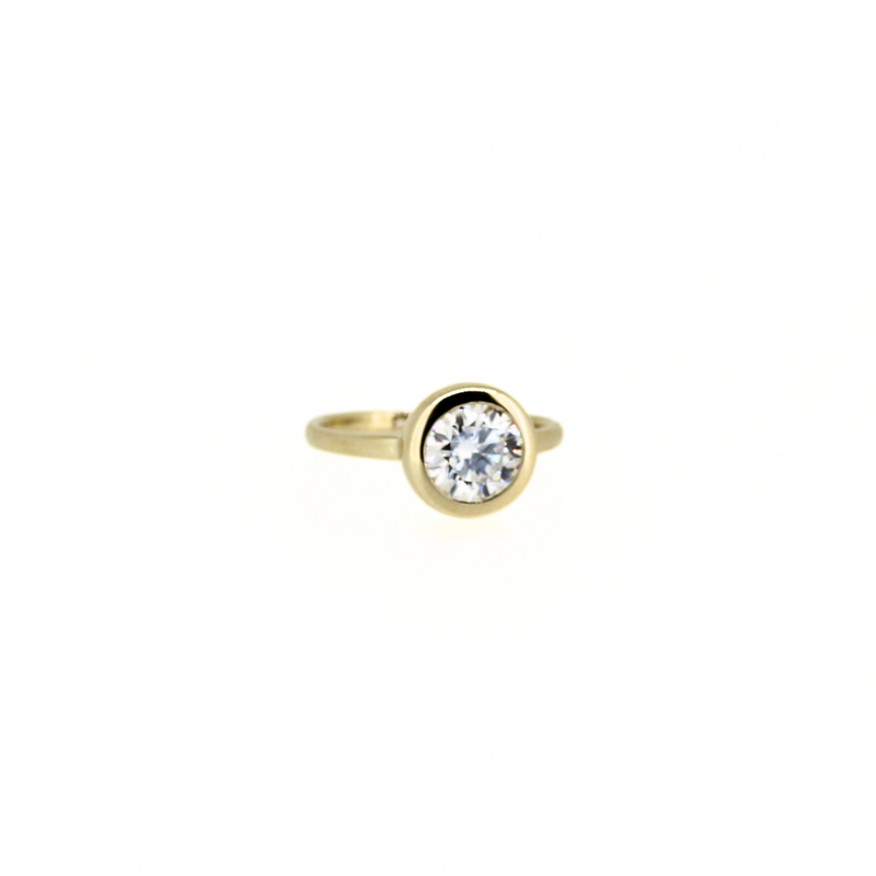 14k gold moissanite round cut bezel solitaire from Brianne & Company 