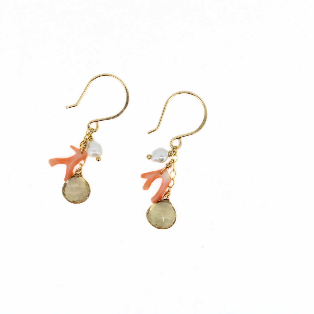 Brianne & Co gold fill earrings with vintage coral, white edison keshi pearl and champagne topaz