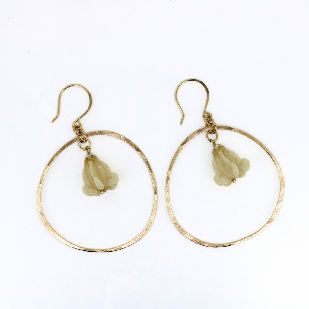 Brianne & Co gold fill organic hoop earrings with genuine white crown flowers