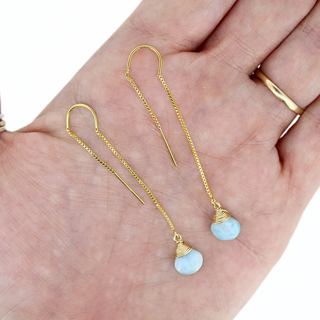 Brianne & Company gold fill wire wrapped Larimar gemstones on long threader earrings