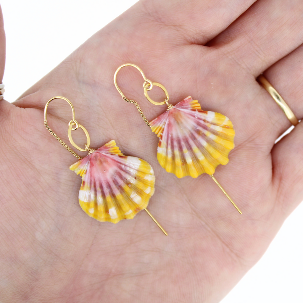 Brianne & Co rare Hawaiian sunrise shell earrings on gold fill threaders, shown in hand