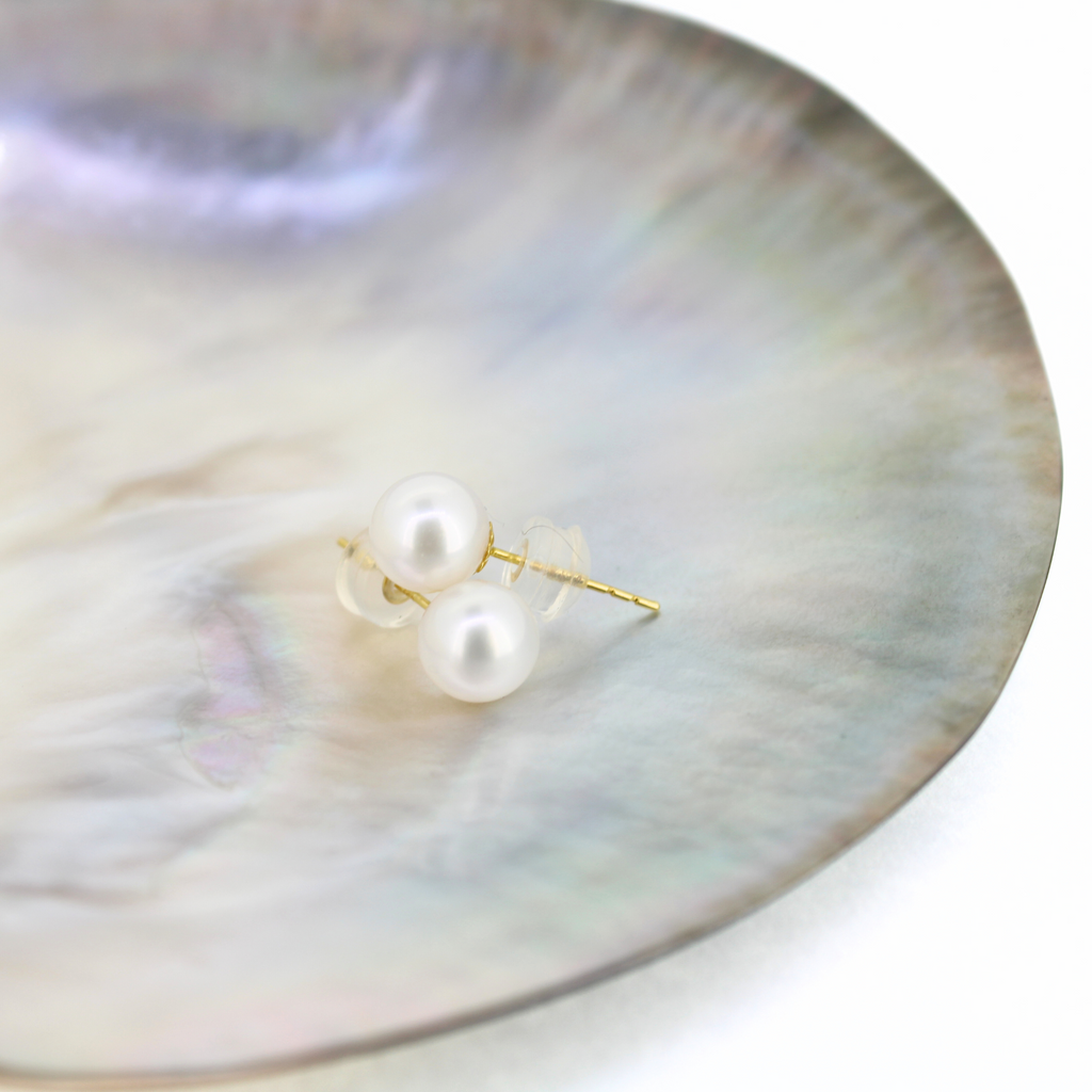 white freshwater pearls on 18k yellow gold studs, pictured inside shell