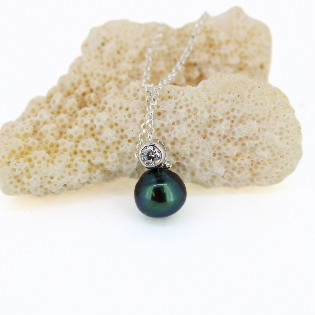 Brianne & Co natural Tahitian pearl on bezel cz and sterling silver chain