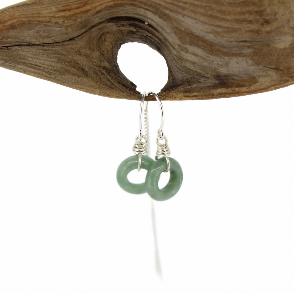 Brianne & Co sterling silver threader earrings with natural green jade donuts