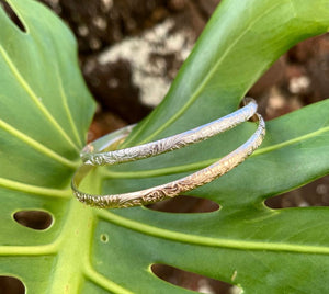 briannd and co hawaiian heirloom style bangle shown in gold fill and sterling silver