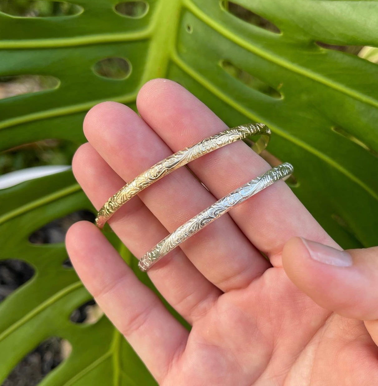 briannd and co hawaiian heirloom style bangle shown in gold fill and sterling silver