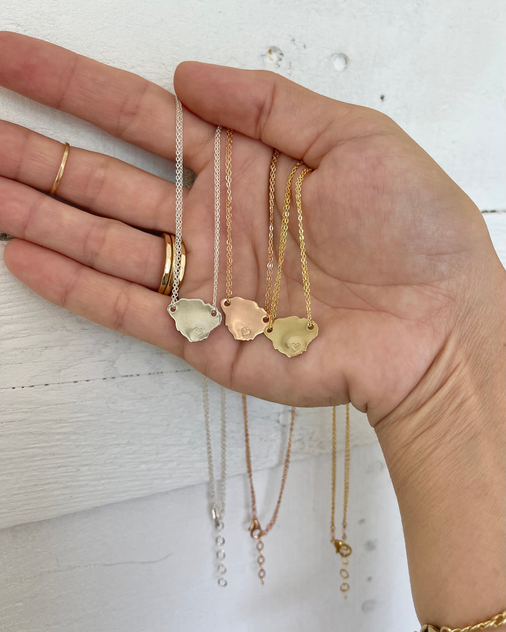 Kauai Island pendant on double chain with optional heart stamp on pendant. Necklace is available in sterling silver, and rose or yellow gold filled