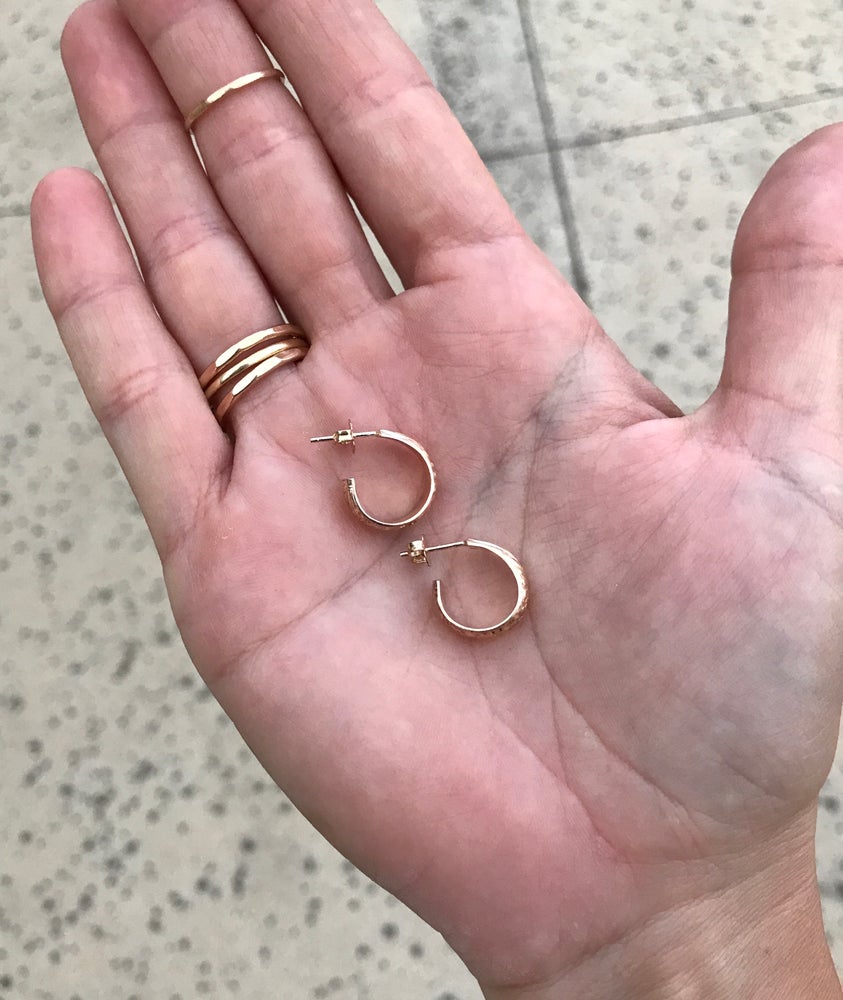 Mini gold filled heirloom style hoops side view