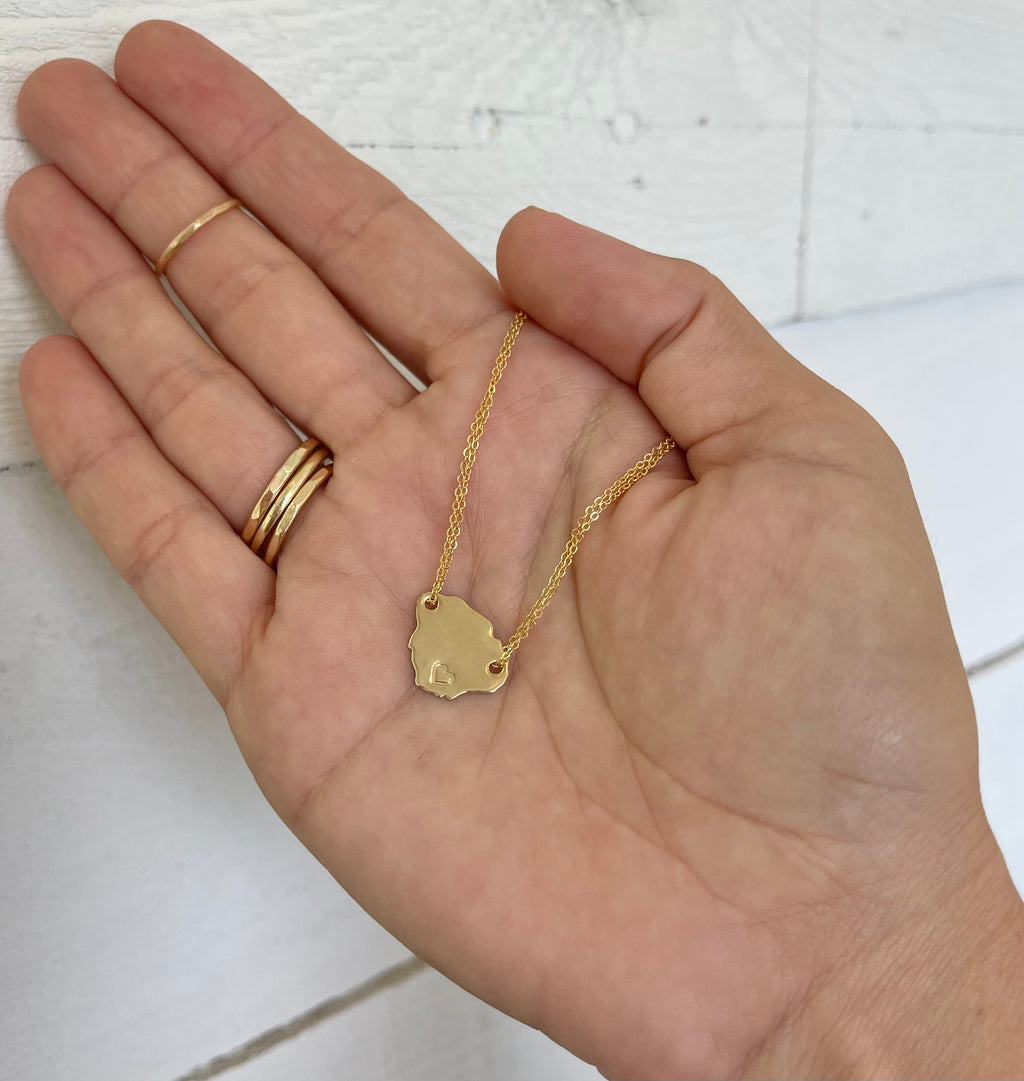 Double chain Kauai island necklace with heart stamp shown in gold filled