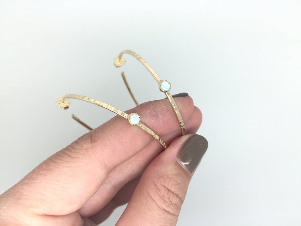 gold filled hammered hoop with tiny opals earrings