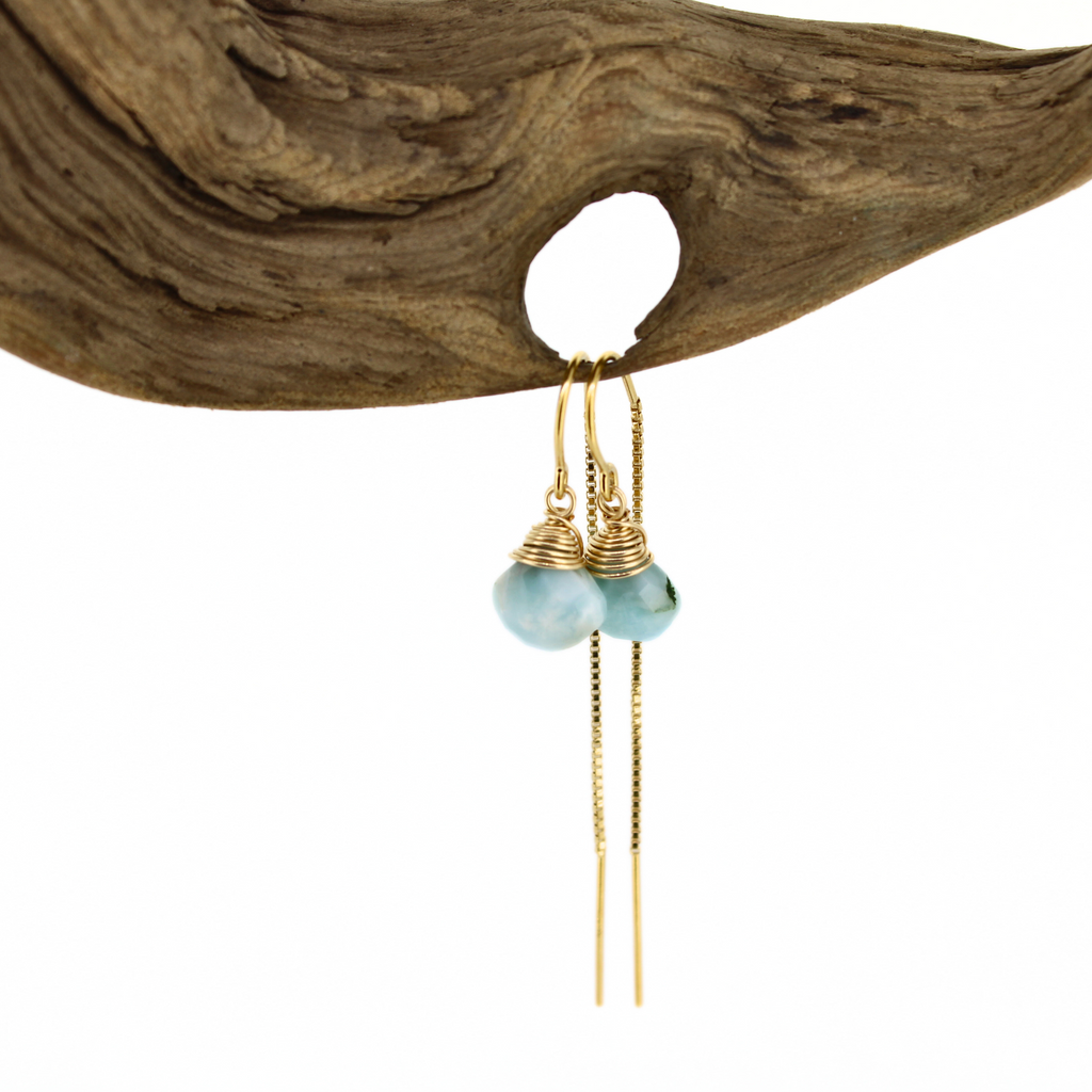 Brianne & Co gold fill threader earrings with faceted larimar