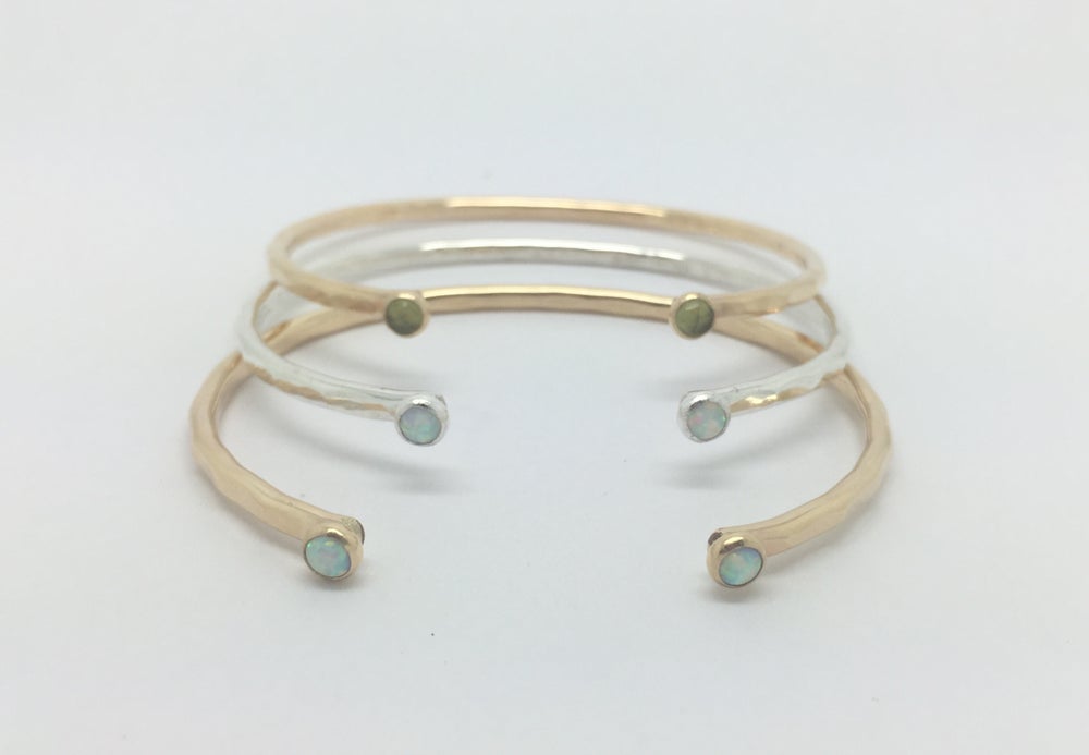 Brianne and Co gold filled cuff style bracelet with opals or peridot, available in gold or silver