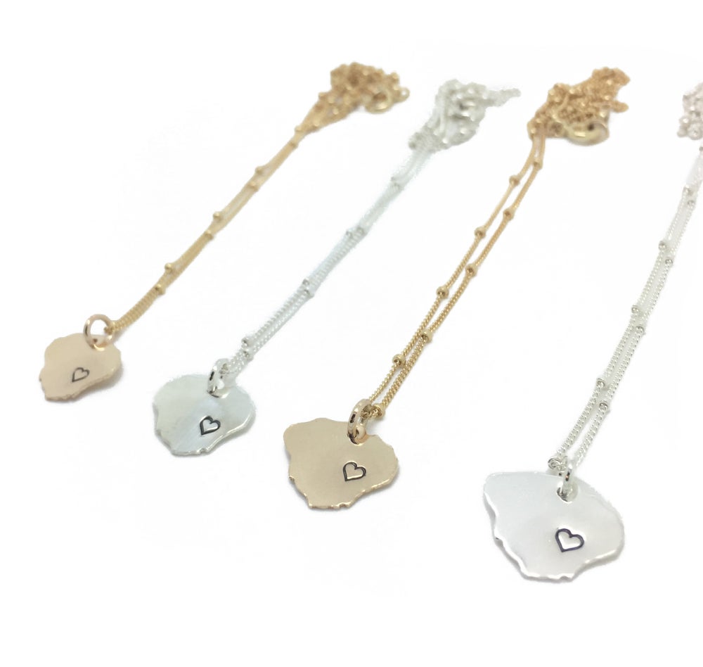 Kauai Island pendant on satellite chain with heart stamp available in sterling silver or gold filled