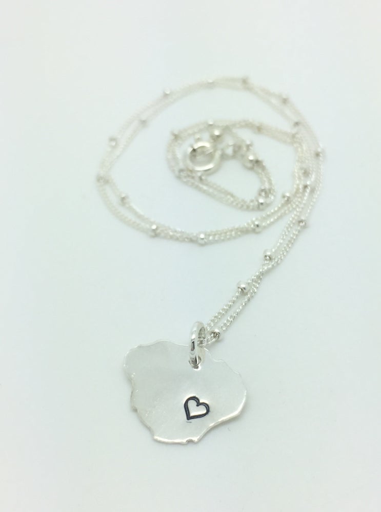 Kauai Island pendant on satellite chain with heart stamp shown in sterling silver