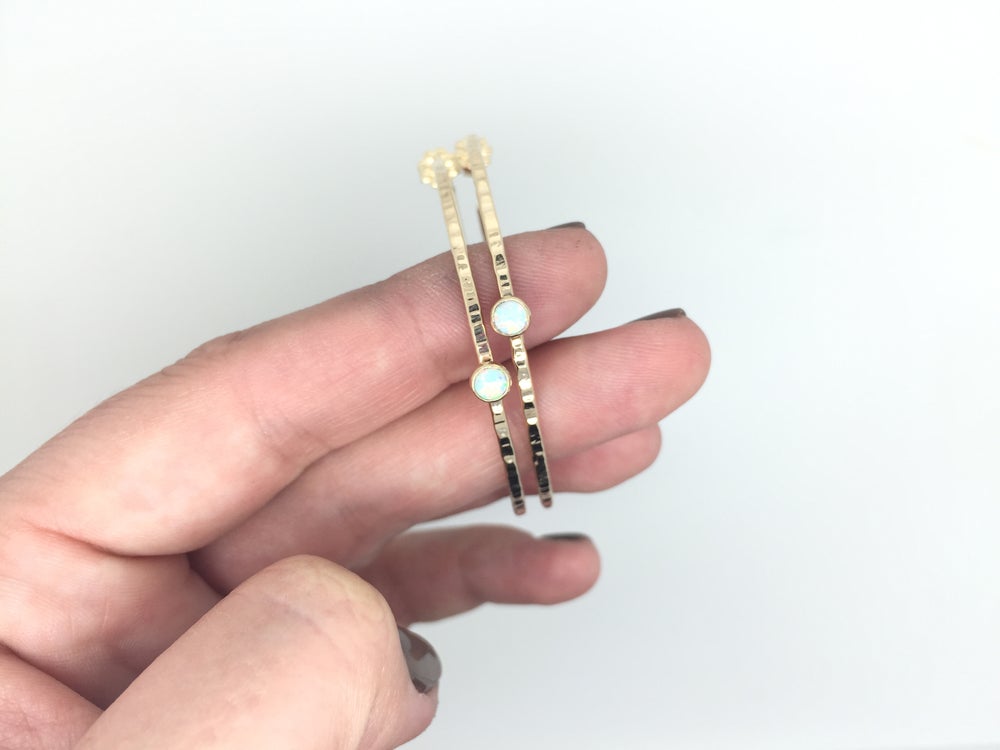 textured hammered hoop stud earrings with opal