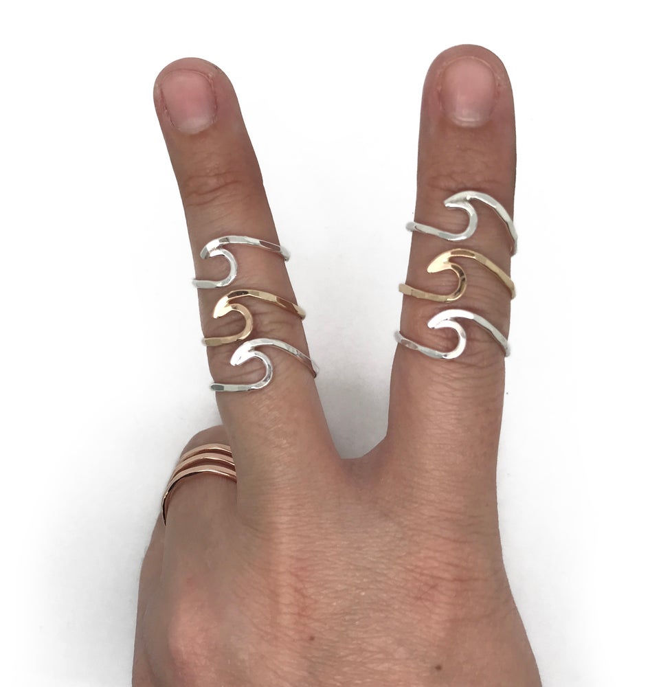 handmade wave ring available in sterling silver and yellow or rose gold filled